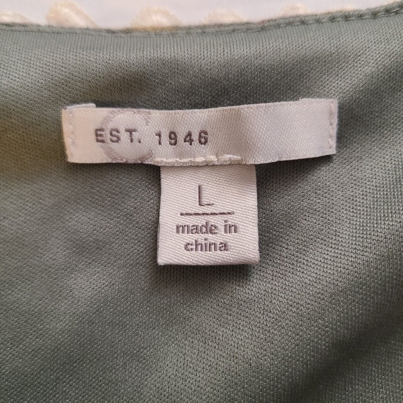 C EST 1946 Boho Floral Dress Gauzy Lined Flutter Sleeve Crochet Green Pink LARGE - Picture 6 of 12